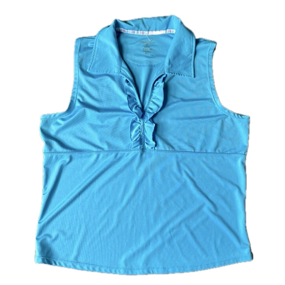 Foursome Performance Blue  Collared Ruffled V-neck Golf shirt .
